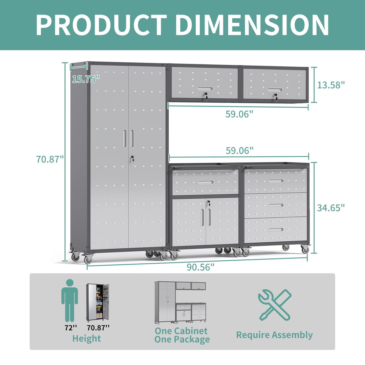 AQY Metal Garage Storage Cabinets System,5 Piece Workshop Steel Cabinet Set Included Lockable Garage Storage Cabinet with Drawers Shelves Rolling Chest and Wheels,Assembly Required AQY
