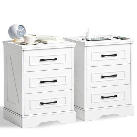 Seeday Night Stand Set 2 with Charging Station, 26" White Wood Nightstand with 3 Large Drawers, Farmhouse Morden Side Table with Type C, USB Ports and Outlets, for Bedroom, Living Room, Study Room Seeday