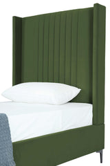 Manhattan Comfort Promenade Mid-Century Modern Velvet Upholstered Twin-Size Bed Frame - Luxurious Foam Padding, No Box Spring Needed, Stylish Vertical Stitched Headboard, Moss Green Manhattan Comfort