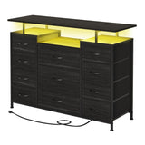 LUMTOK 11 Drawers Dresser with Fabric Drawers,Charging Station, LED Lights and Shelves for Bedroom, Living Room, Hallway, Nursery Storage Organization (Black Wood Veins) LUMTOK