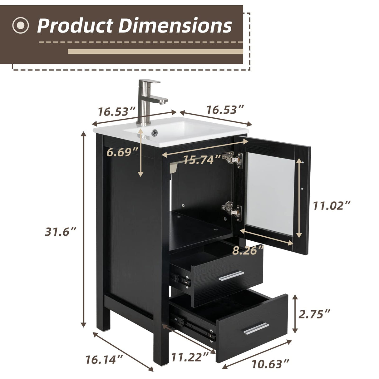 UEV 16" Modern Bathroom Vanity Set, Small Bathroom Vanity with Ceramic Basin, with One Door and Two Drawers, Minimalist Bathroom Vanity (Without Faucet) UEV
