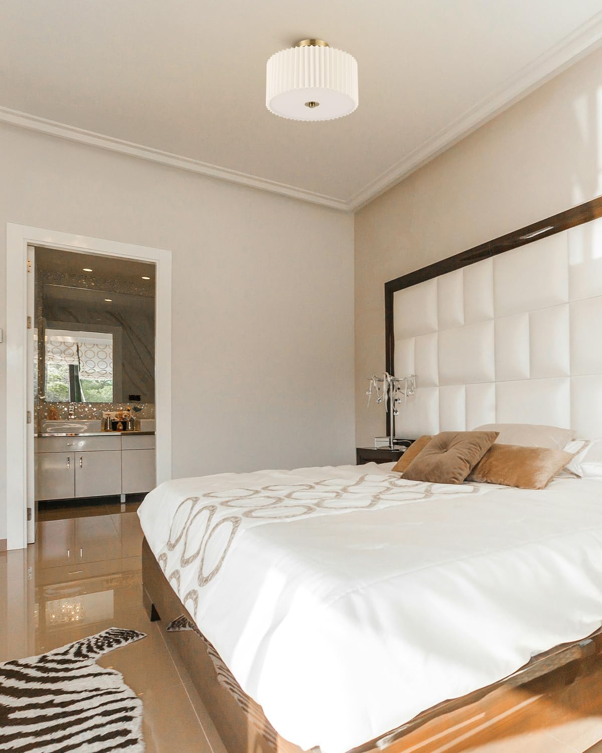 VONLUCE Semi Flush Mount Ceiling Light, 12.2'' Ceiling Light Fixture with Pleated Shade, 2-Light Modern Drum Light Fixture for Bedroom Living Room Entryway Hallway, White Shade & Bronze Finish VONLUCE