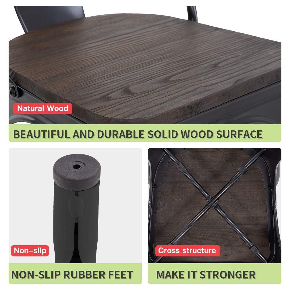 FDW Metal Dining Chairs Set of 4 Patio Chairs Furniture Indoor Outdoor Chairs Kitchen Metal Chairs Stackable Chair Tolix Side Bar Chairs Wooden Seat 18 Inch Seat Height Restaurant Chair,Black FDW