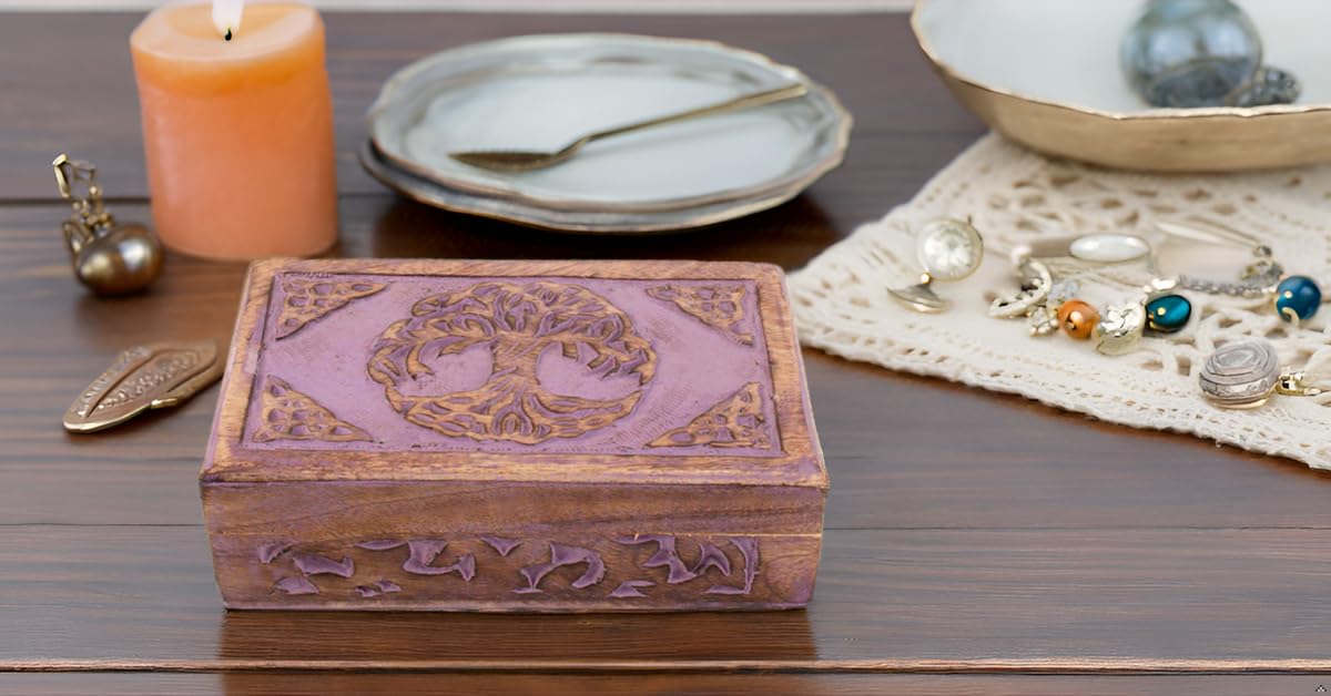 Great Birthday Gifts Handmade Decorative Wooden Jewelry Box Tree Of Life Carving Jewelry Organizer Keepsake Box Treasure Chest Trinket Holder Watch Box Storage Lock Box Housewarming Gift (Violet) The Great Indian Bazaar