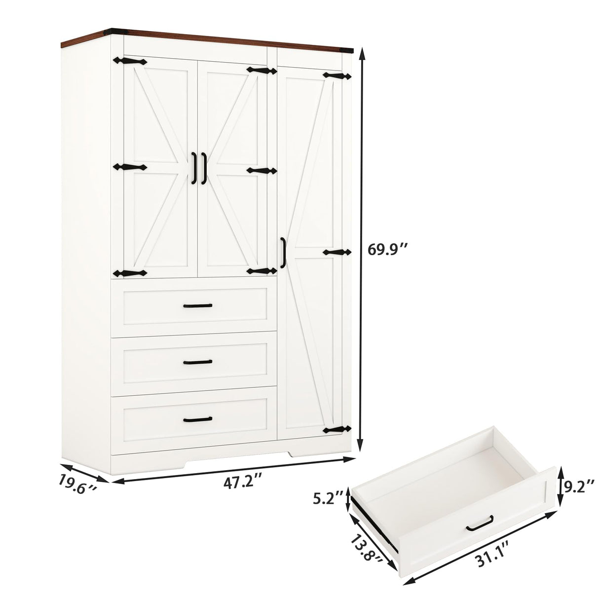 3 Door Armoire Wardrobe Closet Cabinet with 3 Drawers and Drawers, Farmhouse Bedroom Armoire with Hanging Rod and Adjustable Shelves, Large Capacity Storage Wardrobe Armoire for Bedroom, White DalyLuxa