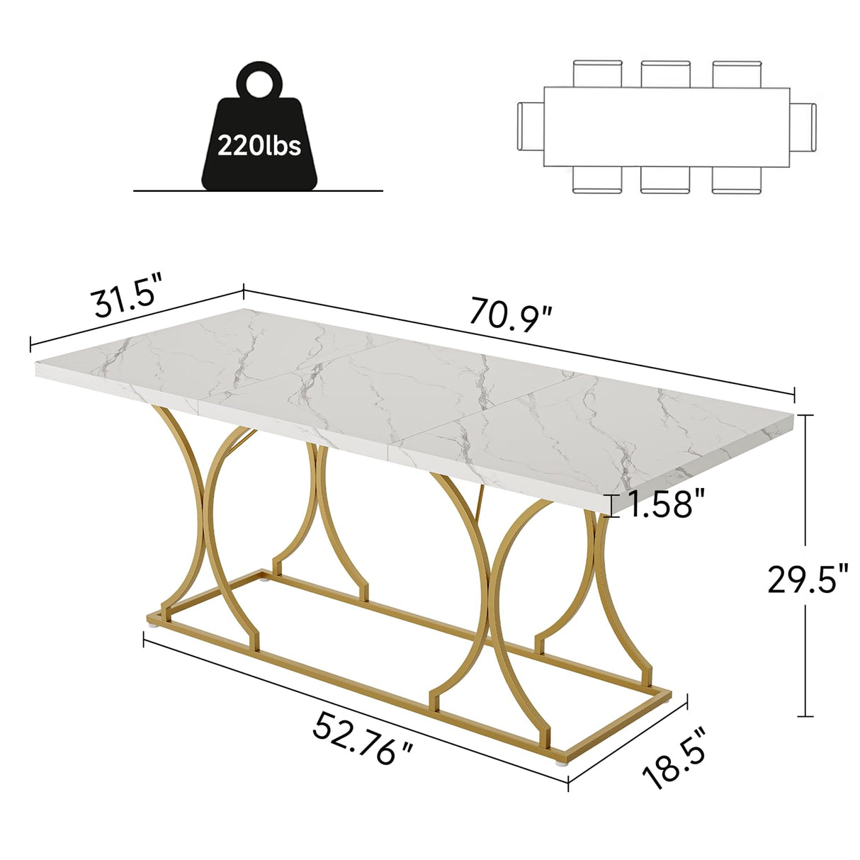 ONBRILL 71 Inch Dining Table for 6-8 People, Modern Rectangle Kitchen Table, White Dinner Table with Gold Metel Frame for Kitchen, Office, Living Room and Dining Room ONBRILL