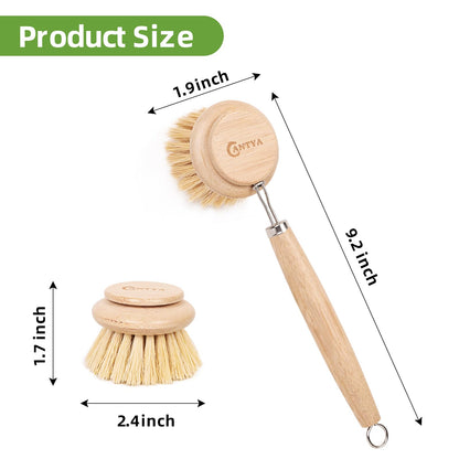 Bamboo Scrub Brush 3 Pcs Replacement Head, Natural Soft Kitchen Dish Brush with Handle Sisal Plant Veggie Brush Multi-Purpose Dish Scrubber Brush Special Kitchen Utensils