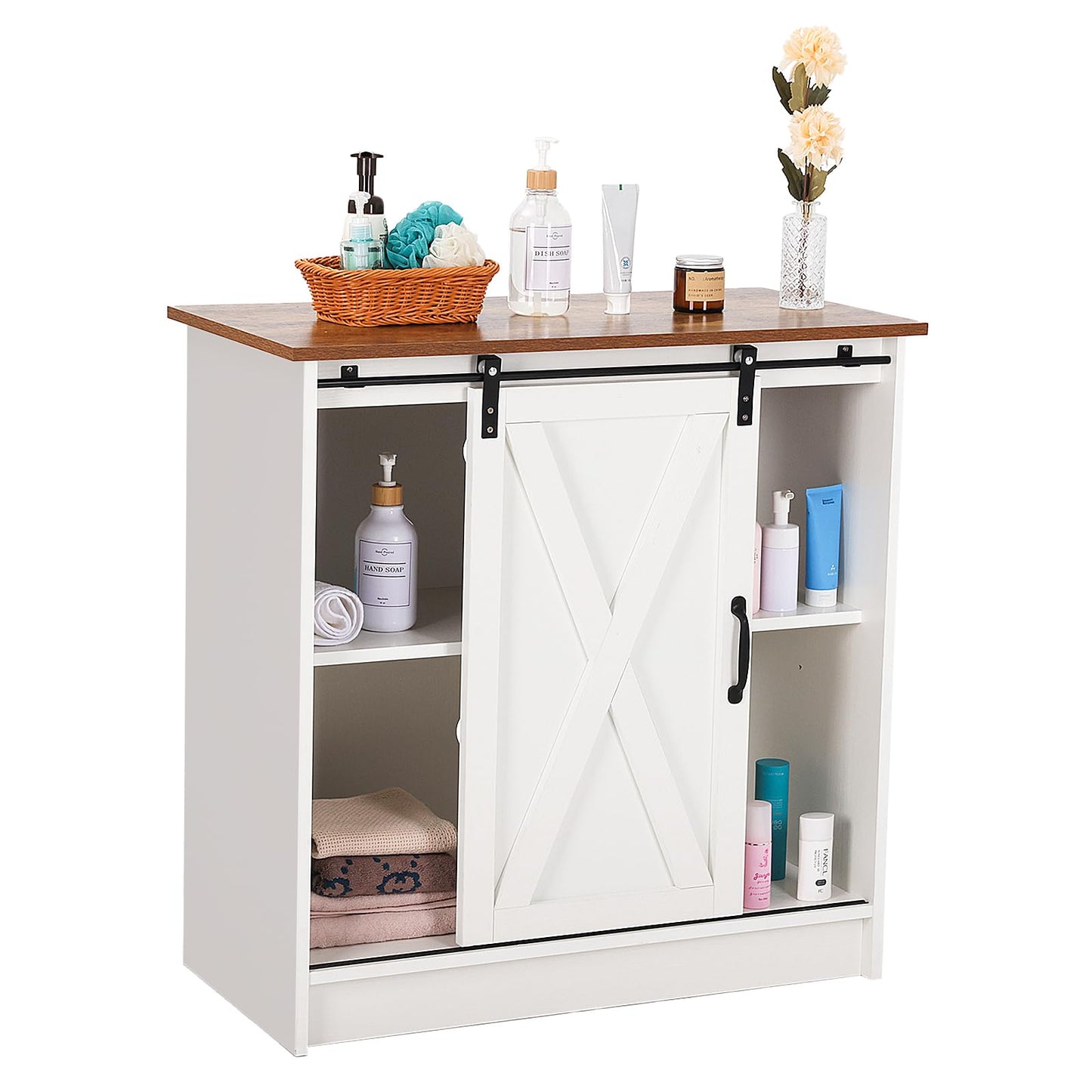 COSYSUPER Farmhouse Style Coffee Bar Cabinet with Sliding Barn Door and Adjustable Shelves in White - WoodArtSupply