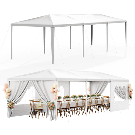 White Party Tent 10x30 Outdoor Canopy Tents for Parties Heavy Duty Patio Gazebo Shelter with 5 Removable Sidewalls Wedding BBQ Events Tent for Birthday Graduation Backyard Garden DOINUO