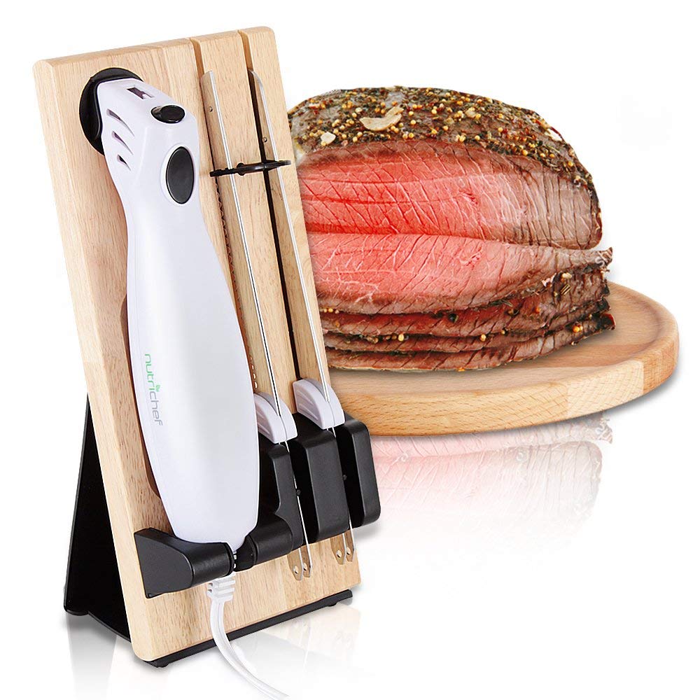 NutriChef Electric Carving Turkey Slicer Kitchen Knife | For Thanksgiving | Portable Electrical Food Cutter Knife Set with Carving Blades & Wood Carving Stand | Cuts Meat, Bread, Cheese & Fruit NutriChef