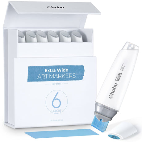 Ohuhu Alcohol Markers Extra Wide Broad Tip - Refillable Ink- 6 Colors of Sky Glass - 1-19mm Nib Calligraphy Markers for Background Poster Design Renderings Large Areas Coloring Molokai Series Ohuhu