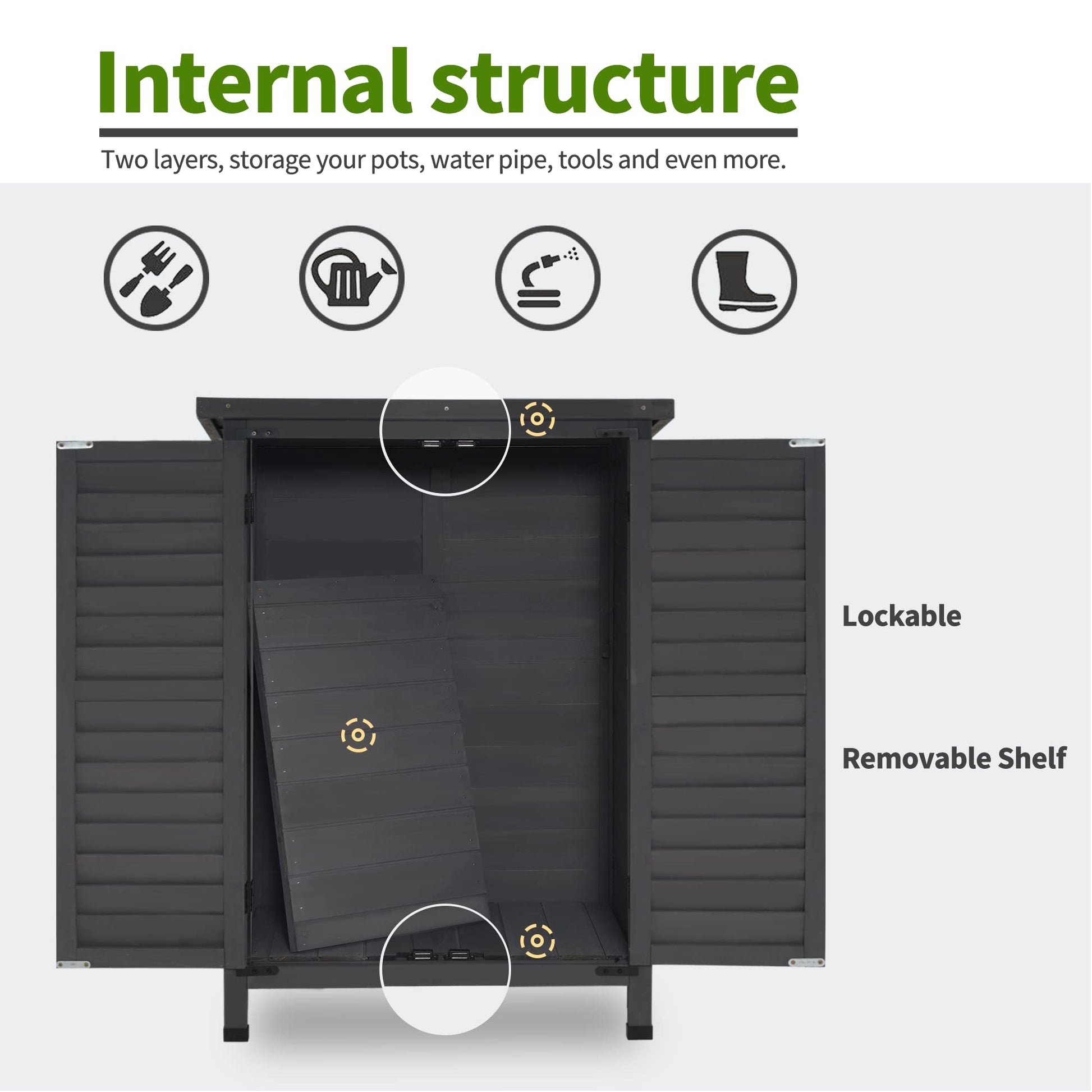 MCombo Outdoor Wood Storage Cabinet, Small Size Garden Wooden Tool Shed with Double Doors, Outside Tools Cabinet for Backyard (24.6”x 18.3”x38.2”) 0985 (Grey) - WoodArtSupply