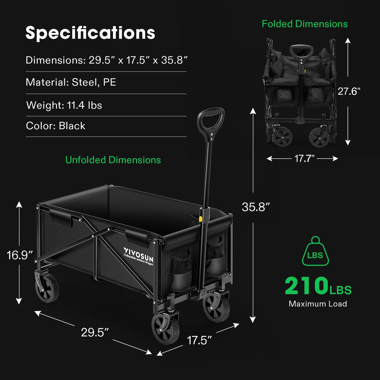 VIVOSUN Collapsible Folding Wagon, Outdoor Utility with All-Terrain Wheels, Adjustable Handle, Cup Holders & Side Pockets, for Camping, Shopping, Garden, 210Lbs Capacity, Black VIVOSUN