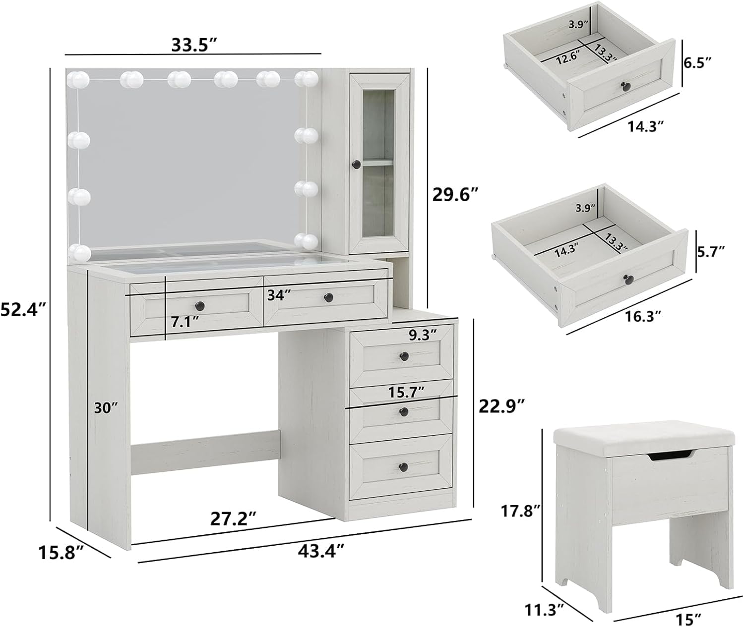 Diwnnue Farmhouse Mirror Large Vanity Desk with LED Bulbs, Makeup Vanity Table Set with Glass Tabletop, Charging Station & Power Outlet, Adjustable Lighting Modes, Bedroom, White - WoodArtSupply