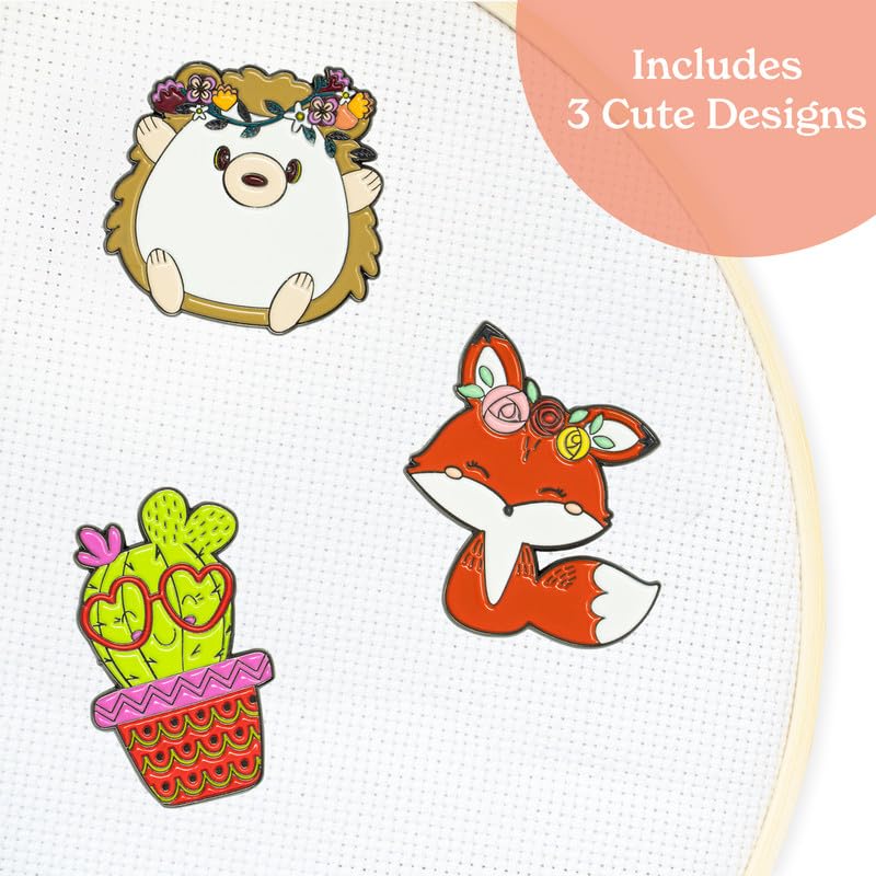 Needle Minders for Needlepoint [3 Pack] Needle Minder for Cross Stitch and Embroidery, Magnetic Needle Minder for Organizing, Cute Needle Nanny Magnet in 2 Pieces [Hedgehog, Fox, Cactus] Kraftex