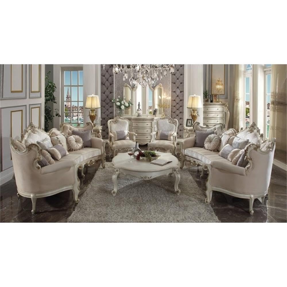 Acme Picardy Fabric Upholstered Sofa with 8 Pillows in Antique Pearl Acme
