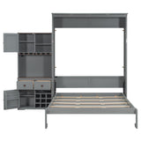 Merax Murphy Bed with Storage Cabinet, Wine Rack, Glass Holder, Drawers and Multi-Color LED Strip, Queen Size, Gray Merax