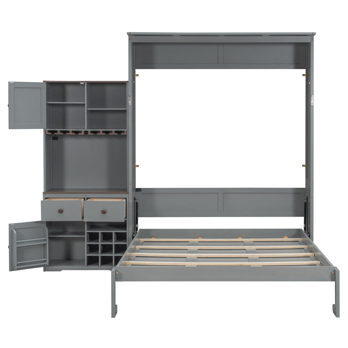 Queen Size Murphy Bed with Storage Cabinet, Wine Rack, Glass Holder, Drawers and Multi-Color LED Strip, Gray Bellemave