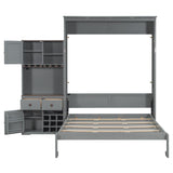 Queen Size Murphy Bed with Storage Cabinet, Wine Rack, Glass Holder, Drawers and Multi-Color LED Strip, Gray Bellemave