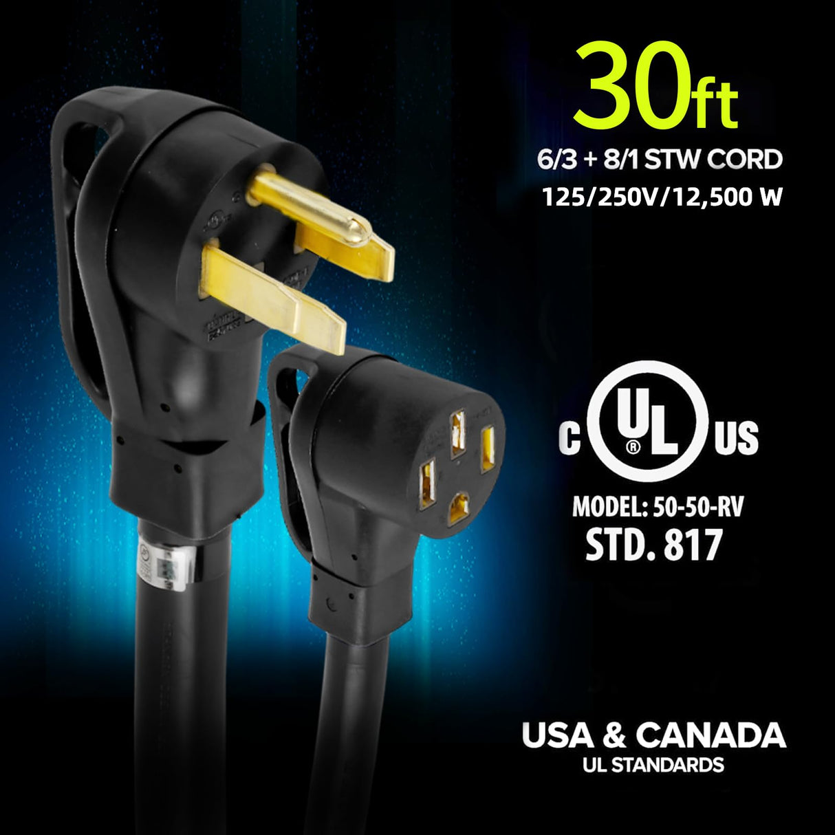 30FT 50 Amp NEMA 14-50P to 14-50R RV/EV Extension Cord - Outdoor with Grip Handle, 4 Prong, Flexible Heavy-Duty 6/3+8/1 Gauge（B2 S7