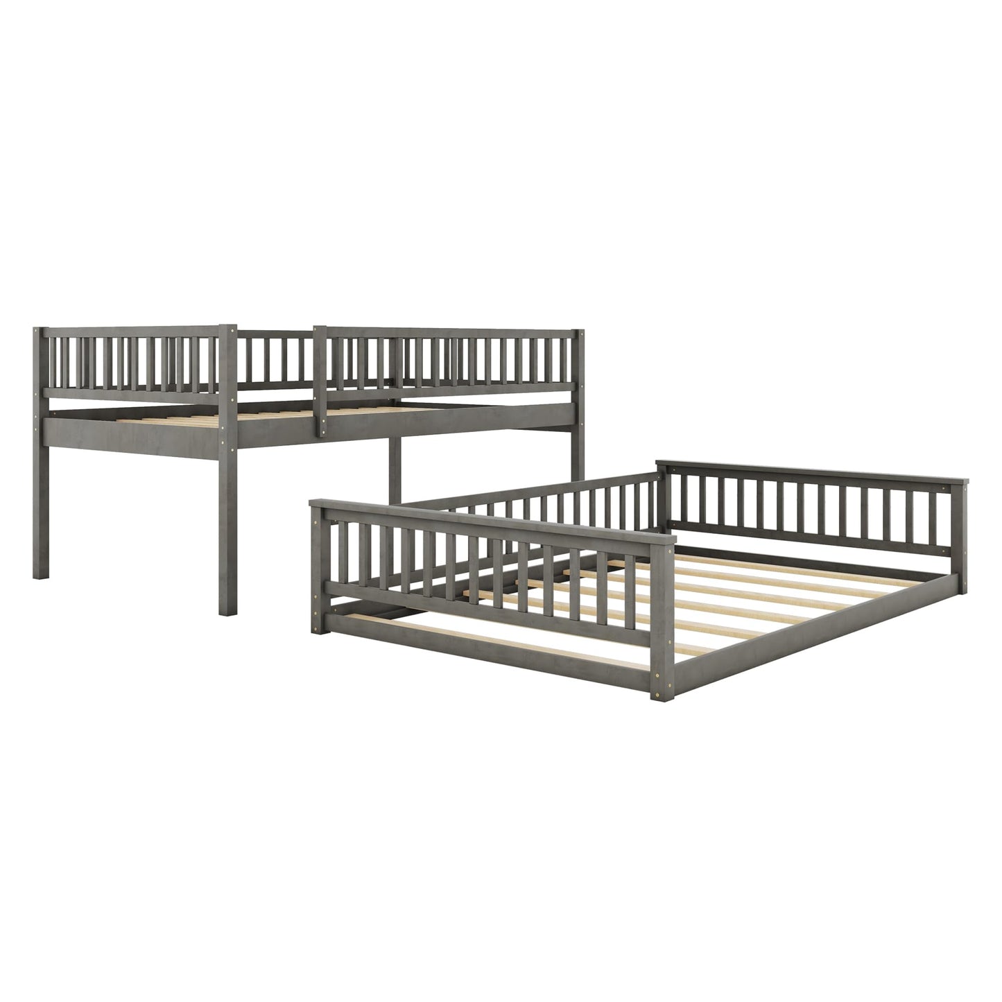 KLMM Gray Full XL Over Queen Bunk Bed with Ladder and Guardrails for Ultimate Space-Saving Style - WoodArtSupply