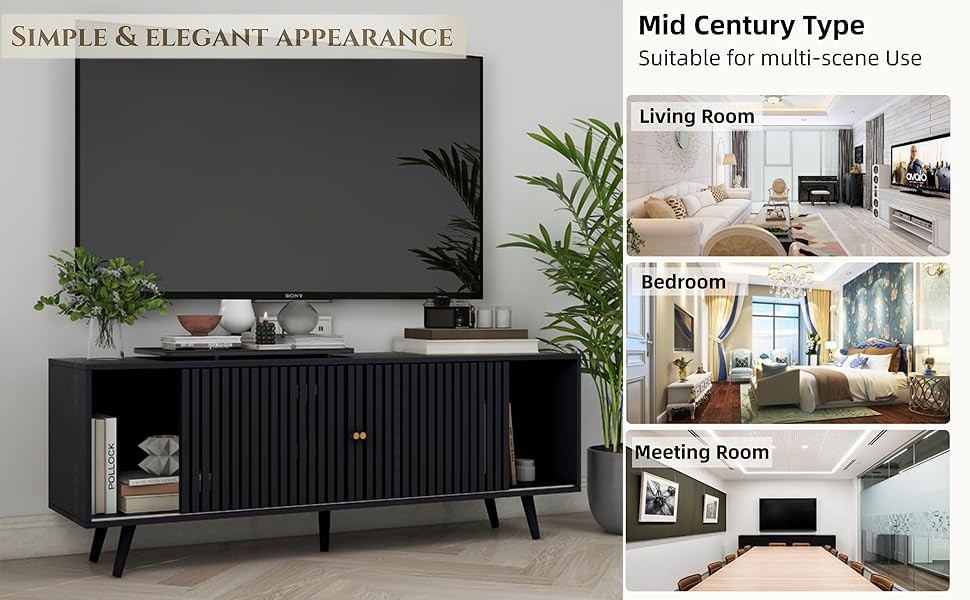 Fsbecl TV Stand for TVs up to 70'',Mid Century Modern TV Stand, with Sliding Doors and Open Shelf, Entertainment Center with Storage,Television Stands,Media Console for Living Room,Black Fsbecl