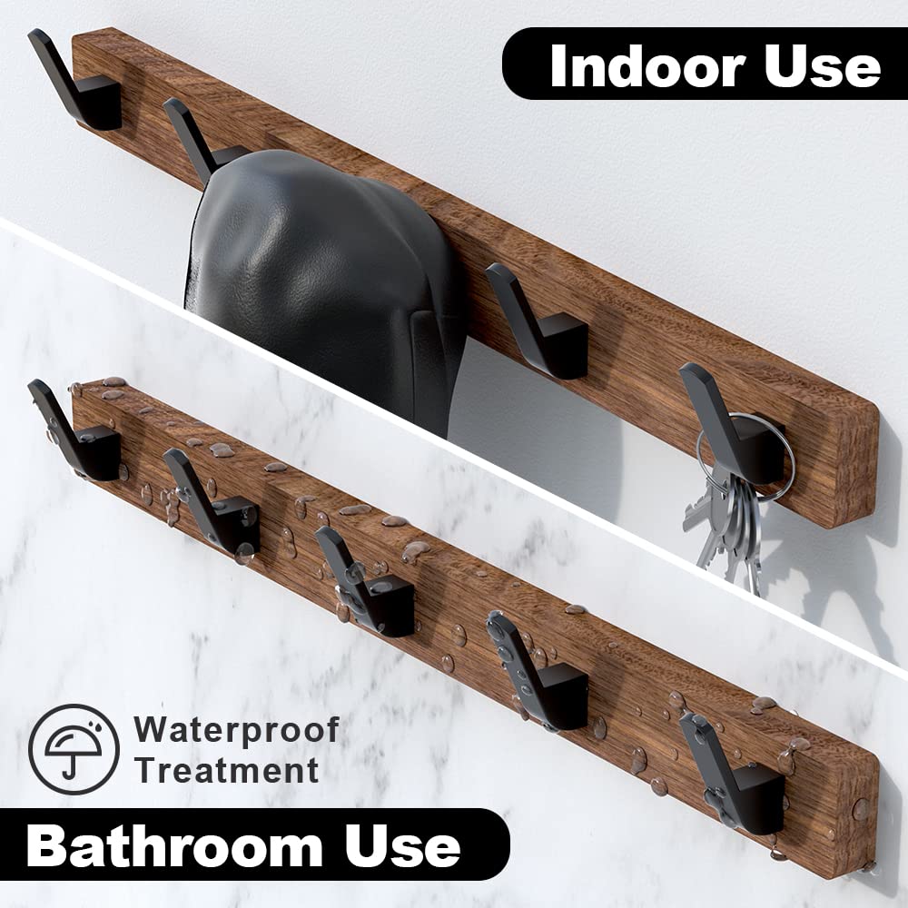 IURRDOP Black Walnut Wood Wall Mount Coat Rack with 5 Hooks, Adhesive Mounted Rustic Decorative Entryway Hooks, Mid Century Modern Natural Wooden Pegs for Hanging Coat Clothes Hat Bag Purse and Towel IURRDOP