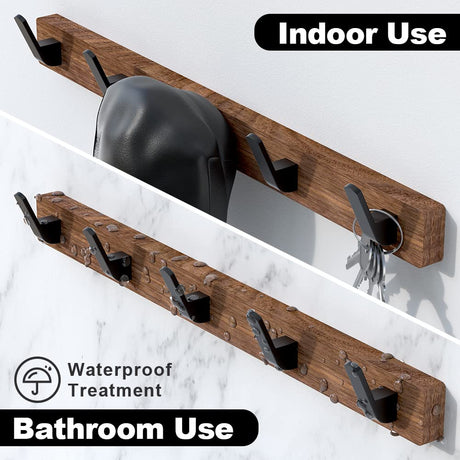 IURRDOP Black Walnut Wood Wall Mount Coat Rack with 5 Hooks, Adhesive Mounted Rustic Decorative Entryway Hooks, Mid Century Modern Natural Wooden Pegs for Hanging Coat Clothes Hat Bag Purse and Towel IURRDOP