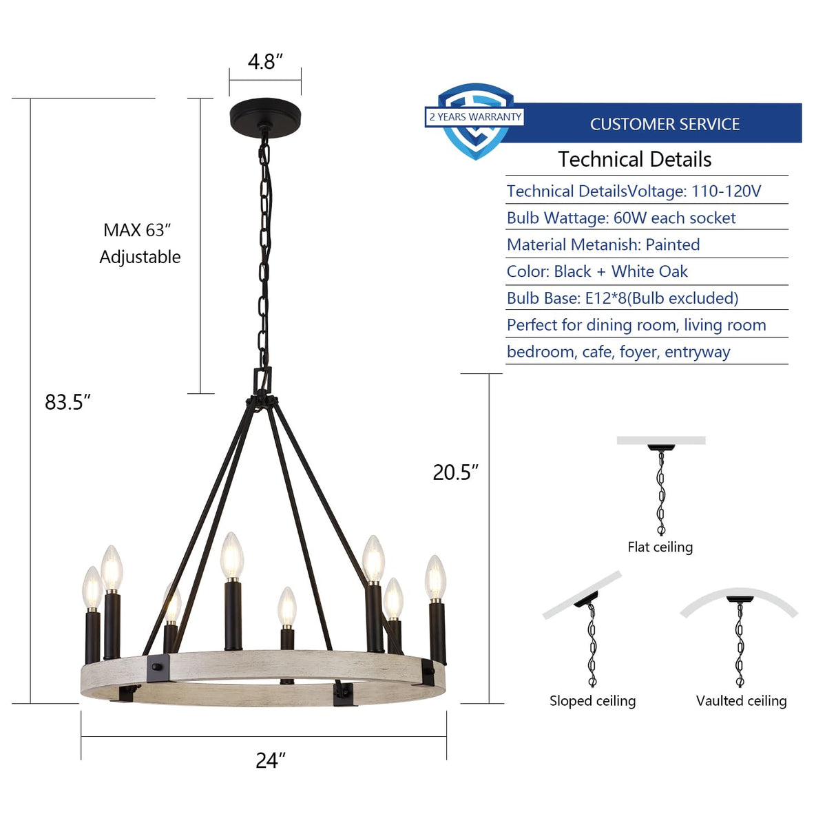 Alolvios D24'' Modern Farmhouse Chandelier, 8 Lights Wagon Wheel Chandeliers for Dining Room Kitchen Living Room Entryway, Rustic Adjustable Height Candle Chandelier Pendant, White Oak Finish Alolvios