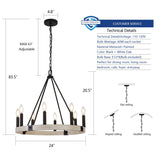 Alolvios D24'' Modern Farmhouse Chandelier, 8 Lights Wagon Wheel Chandeliers for Dining Room Kitchen Living Room Entryway, Rustic Adjustable Height Candle Chandelier Pendant, White Oak Finish Alolvios