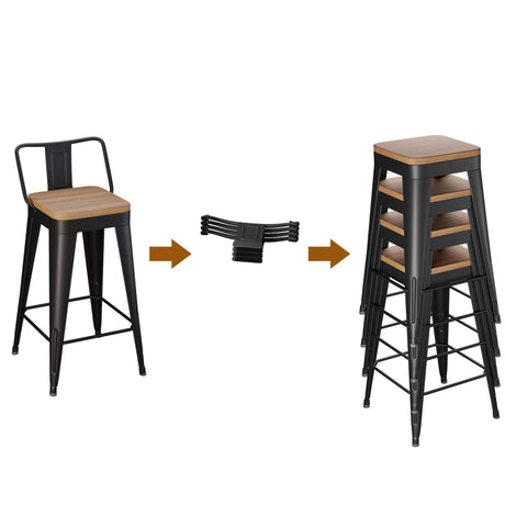 WENTMENT Metal Bar Stools Set of 4 Counter Height Bar Stools Barstools with Removable Back 24" Kitchen Bar Stools with Wooden Seat, Black WENTMENT