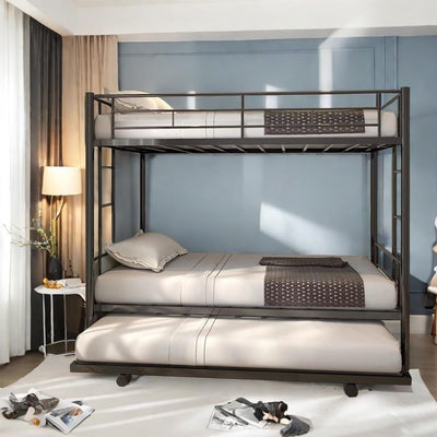 AEMSOFK Twin Over Twin Bunk Bed Frame with Trundle,Metal Bunk Bed Bedframe with Guard Rail and 2 Ladders for Adults,Can be Divided into 3 Beds, No Box Spring Needed,Space Saving Design