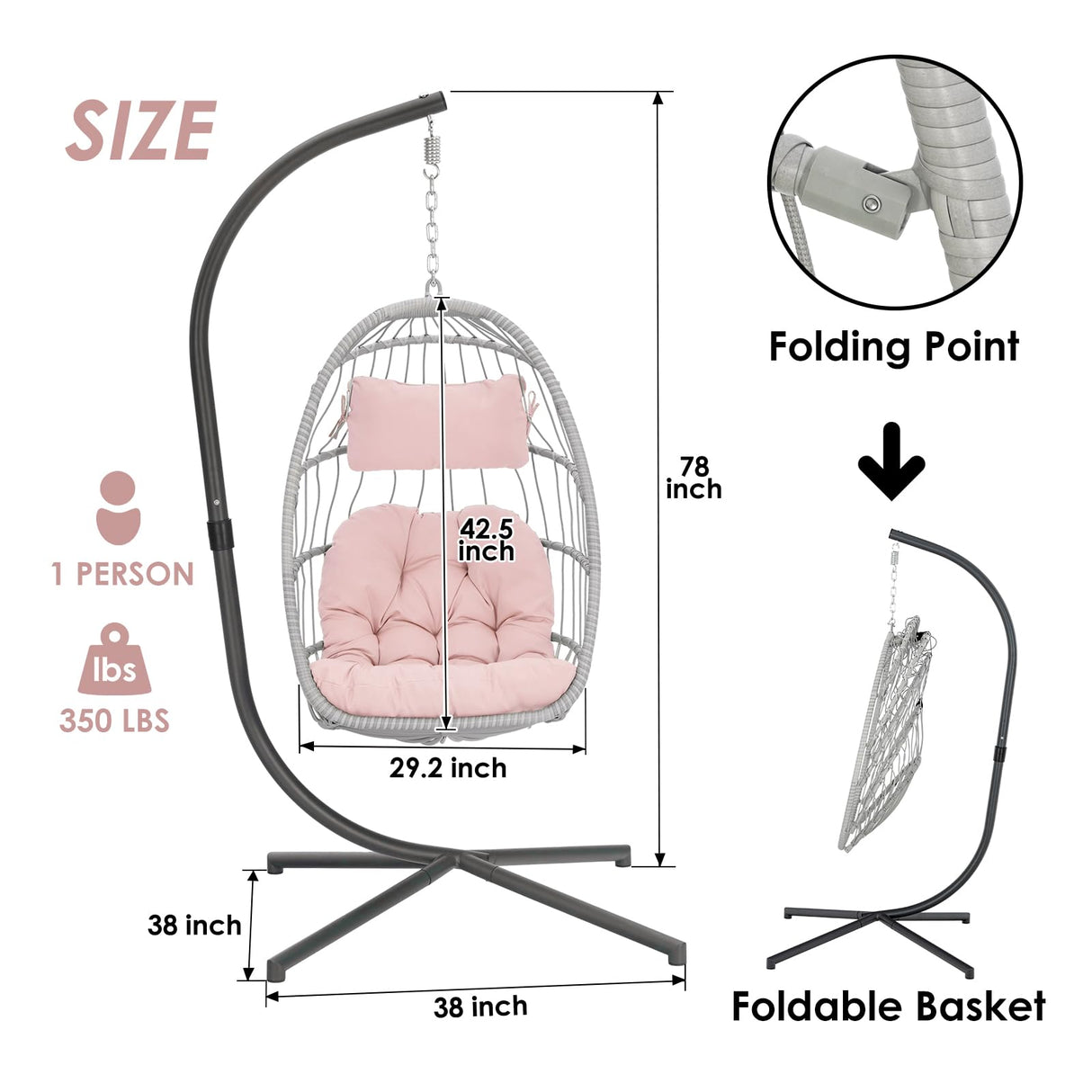 Hanging Egg Chair with Stand - Pink Swing Egg Chairs Wicker Rattan Hammock Chairs for Indoor Outdoor Bedroom Garden - Aluminum Steel Frame and UV Resistant Cushion 350LBS Capacity for Kids Adults XIAO WEI