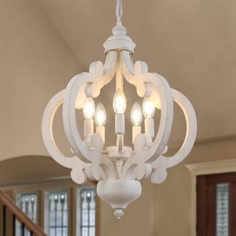 LynPon White French Country Chandelier, 5 Lights Distressed Wood Farmhouse Chandeliers Kitchen Light Fixtures, 17" Antique Hanging Pendant Light for Bedroom Foyer Entryway Hallway Staircase LynPon