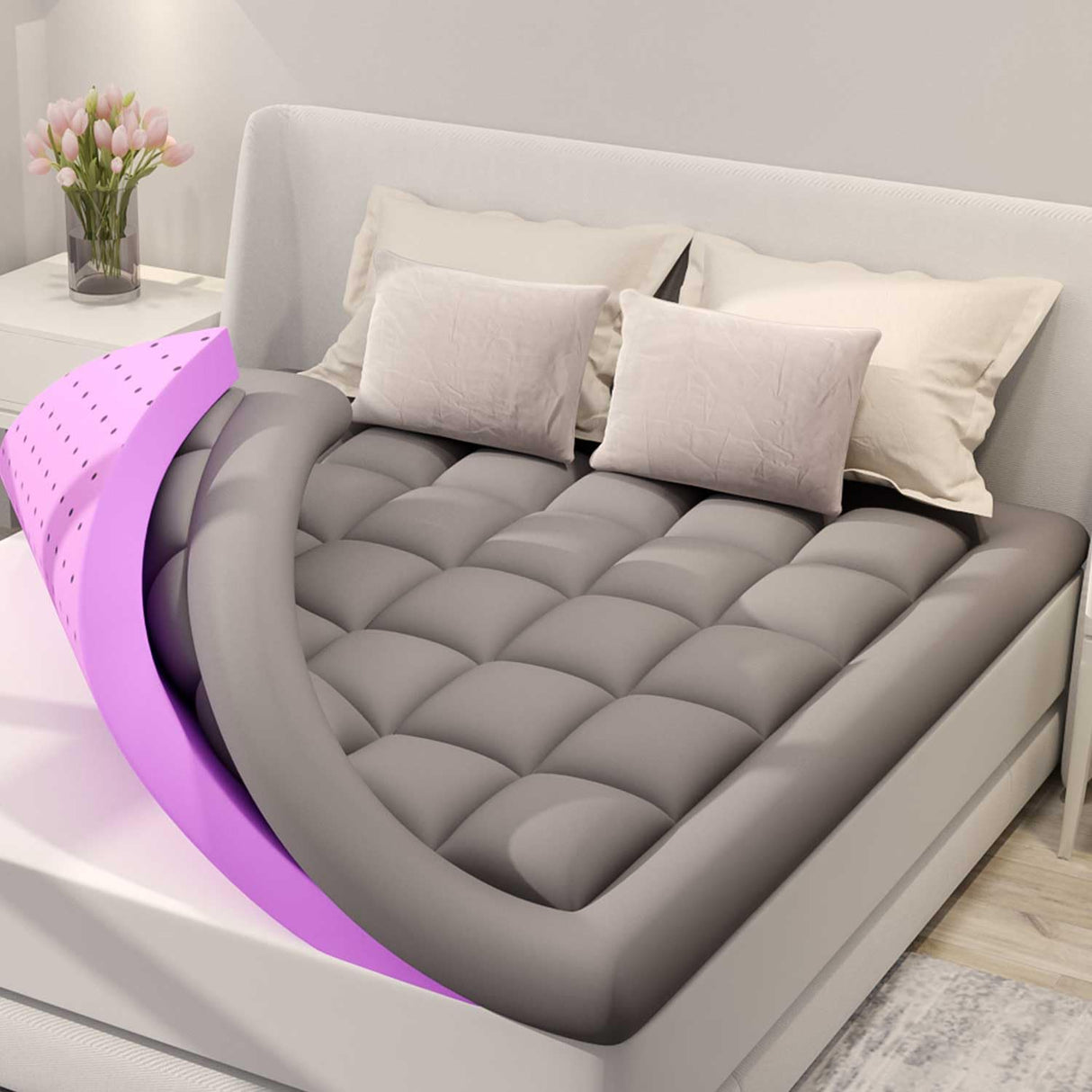 BDEUS Dual Layer 5 Inch Memory Foam Mattress Topper Queen Size, 2 Inch Gel Memory Foam Plus 3 Inch 1450 GSM Down Alternative Quilted Pillow Top Mattress Pad Cover,Dark Gray BDEUS