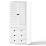 Senfot Armoire Wardrobe Closet with 3 Drawers and 2 Doors, Modern Wooden Wardrobe Cabinets for Hanging Clothes, Tall Standing Bedroom Armoires, Heavy Duty, White Senfot