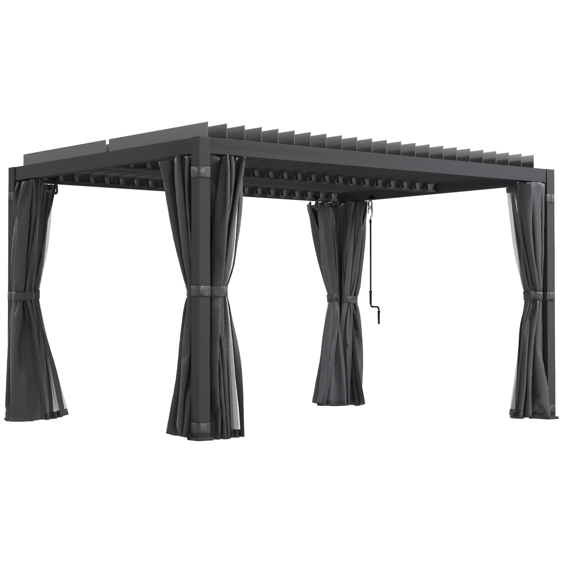 Outsunny 10' x 13' Louvered Pergola Hardtop Gazebo with Adjustable Aluminum Roof and Frame, Outdoor Pergola with Curtains and Netting, for Garden, Lawn, Backyard, and Deck, Dark Gray - WoodArtSupply