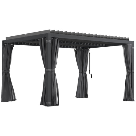 Outsunny 10' x 13' Louvered Pergola Hardtop Gazebo with Adjustable Aluminum Roof and Frame, Outdoor Pergola with Curtains and Netting, for Garden, Lawn, Backyard, and Deck, Dark Gray Outsunny