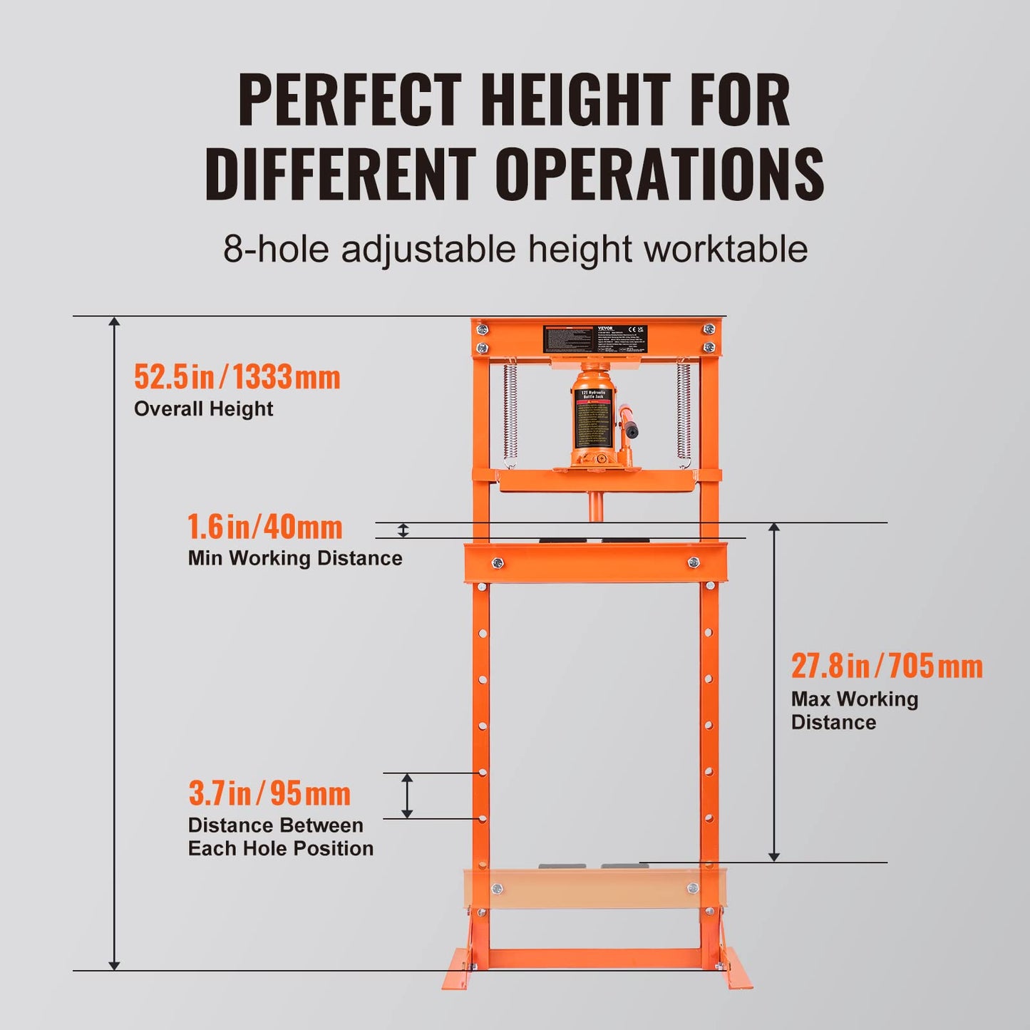 VEVOR Hydraulic 12 Ton H-Frame Garage Floor Adjustable Shop Press with Plates, 12T, Orange - WoodArtSupply