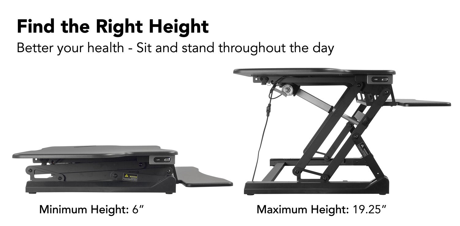 Mount-It! Adjustable Height Standing Desk Converter, Extra Large 48” Wide Tabletop for Dual Monitors, Stand Up Desk Riser to 19.25" Tall - Electric Raising Desk Convertor in Black - WoodArtSupply