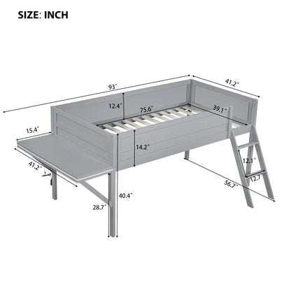 Ziraukon Wood Twin Size Gaming Loft Bed with Desk and LED, Wooden Bed Frame with Wood Desktop for Gaming Room, Space Saving Design, Grey