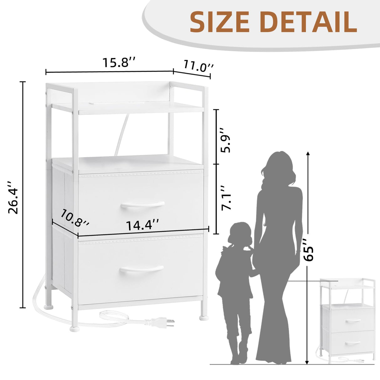 Somdot White Nightstand with Charging Station and LED Light for Bedroom, 2 Drawers Dresser with Fabric Bins for Bedside Kids Dorm Room Closet Laundry Entryway, White Leather Somdot