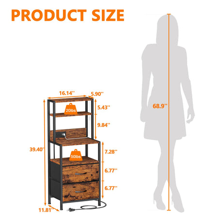 Furnulem Night Stand, Tall Nightstand with 4-Tier Shelves, 2 Fabric Drawers and Light Tube, Bed Side Tables with Charging Station, Bedside Table for Bedroom, Office, Rustic Brown Furnulem