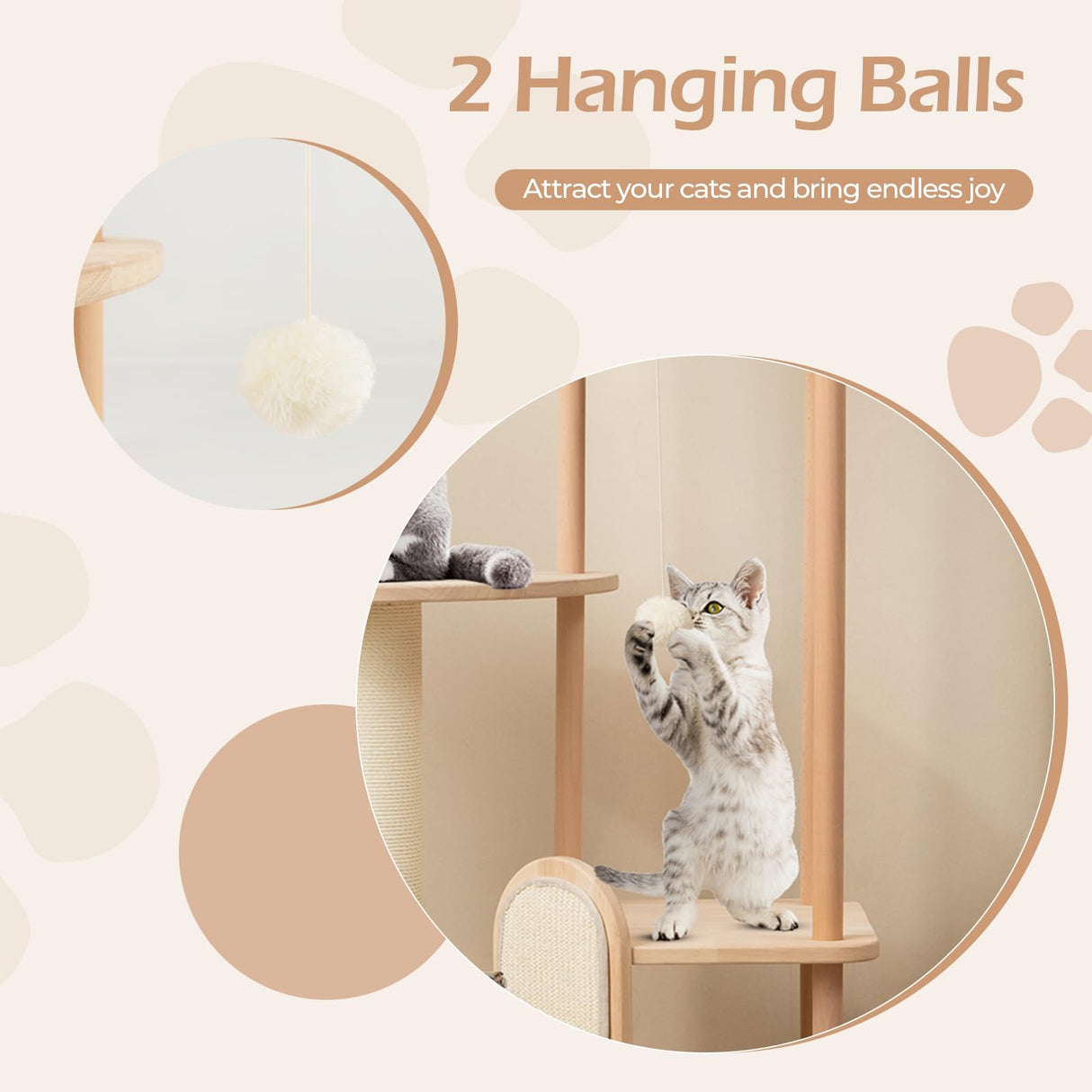 PETSITE 44 Inches Cat Tree, Multi-Level Modern Cat Tower with Sisal Scratching Post and Board, Padded Top Perch, and Hanging Balls, Minimal Wooden Cat Tree Tower for Indoor Cats Large Adult PETSITE