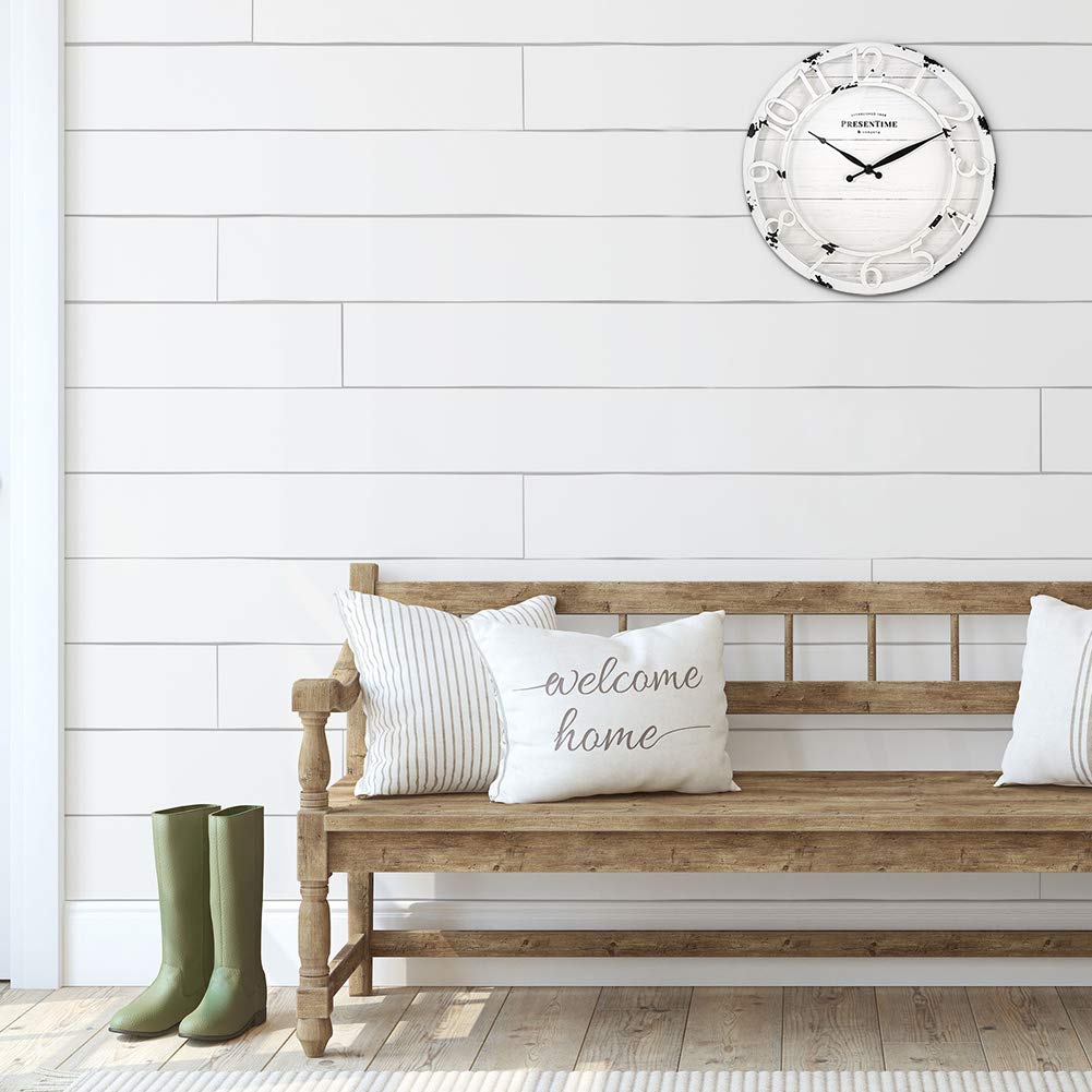Presentime & Co 13" Farmhouse Series Wall Clock, Quartz Movement, Shiplap Style, Raised 3D Arabic Numeral, Antique Distressed White Presentime
