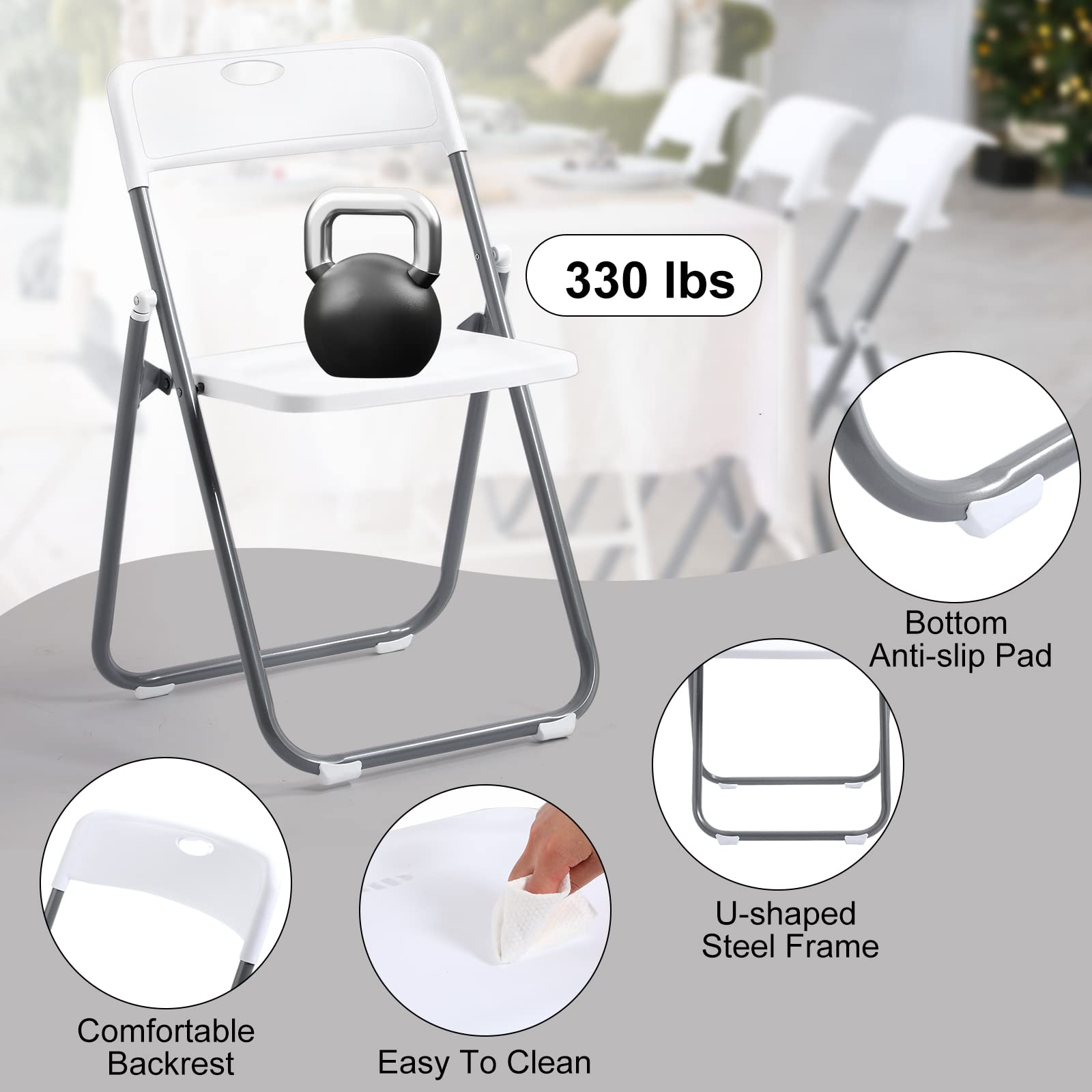 8 Pack 8 Pack Folding Plastic Chair with 330lb Capacity Stackable Folding Chair Portable Metal Foldable Chair Fold up Event Chairs for Office Dining Wedding Party Supplies Indoor Outdoor (Whi - WoodArtSupply