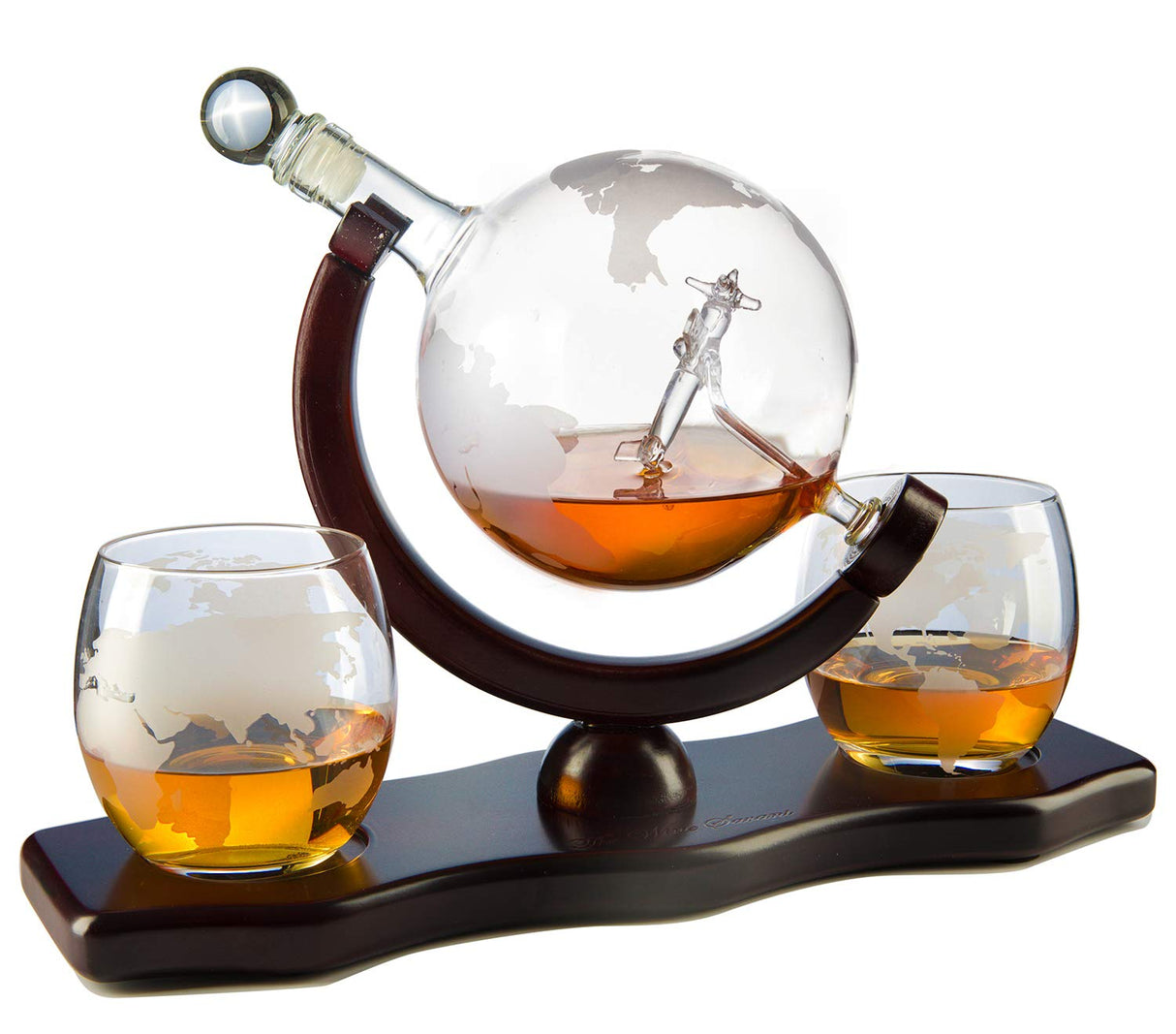 Etched World Decanter whiskey Globe - The Wine Savant Whiskey Gift Set Globe Decanter with Antique Airplane, Whiskey Stones and 2 World Map Glasses, Pilot Gift - Alcohol Related Gift, HOME BAR DÉCOR The Wine Savant