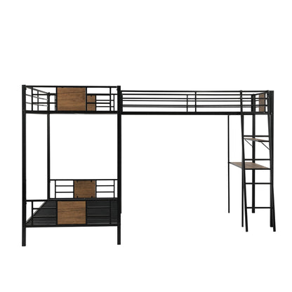 Metal Triple Bunk Bed with Desk and Shelf, L-Shaped Bunk Bed for 3 Kids Teens Adults, Twin Over Twin Bunk Bed with a Twin Size Loft Bed Attached – Brown