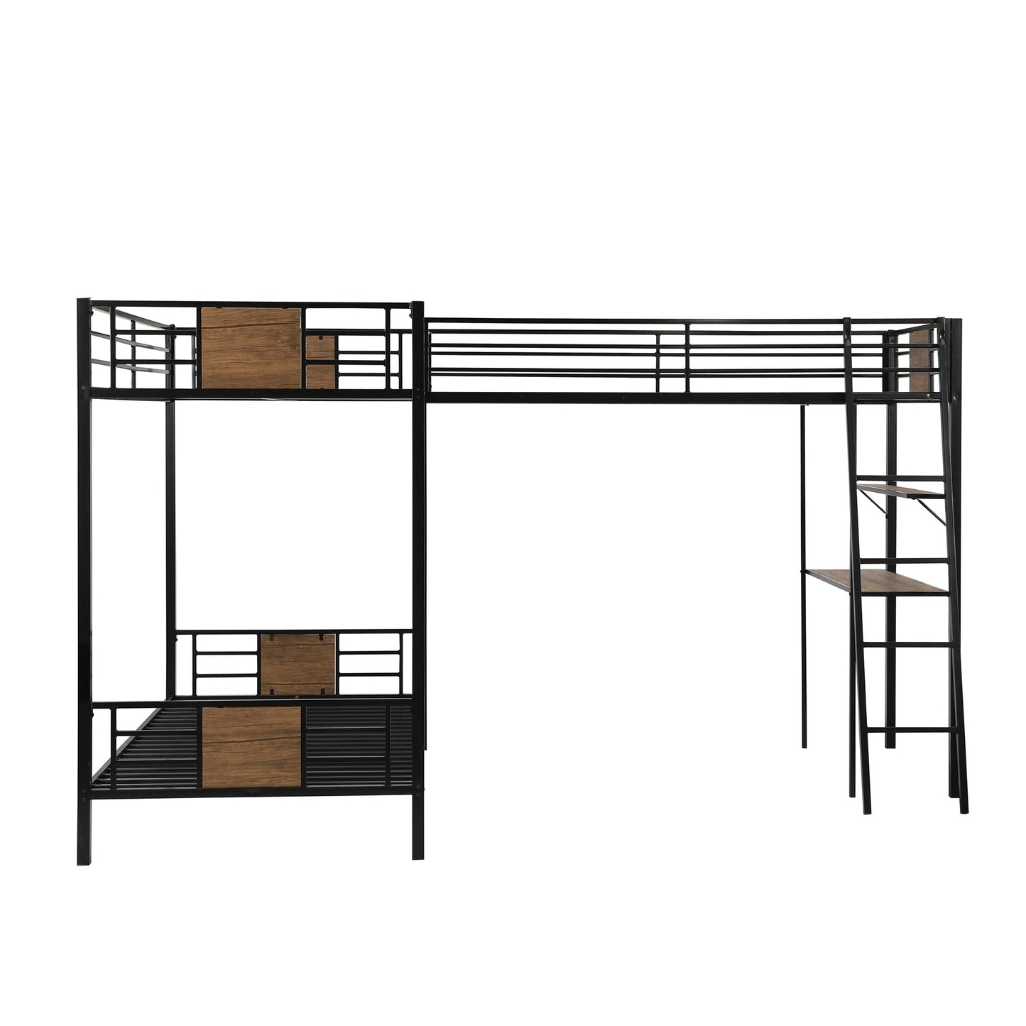 Harper & Bright Designs Metal Triple Bunk Bed with Desk, L-Shape Twin Bunk Bed and High Loft Bed with Storage Shelves, 3 Bunk Beds for Kids Teens Boys & Girls (3 Beds in 1, Brown)