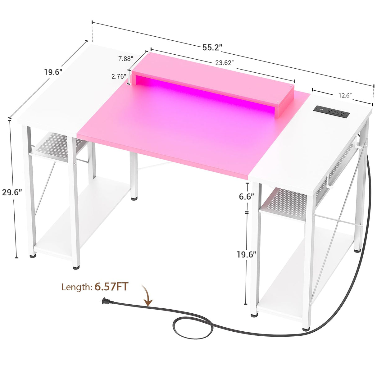 armocity Computer Desk with LED Lights, 55 Inch Desk with Power Outlet and USB, Reversible Large Desk with Moveable Monitor Stand, 55.2'' Gaming PC Table for Home Office, Workstation, Pink and White armocity